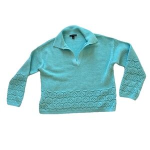 Ann Taylor Womens Turquoise Crochet Bohemian V-Neck Long Sleeve Sweater Medium